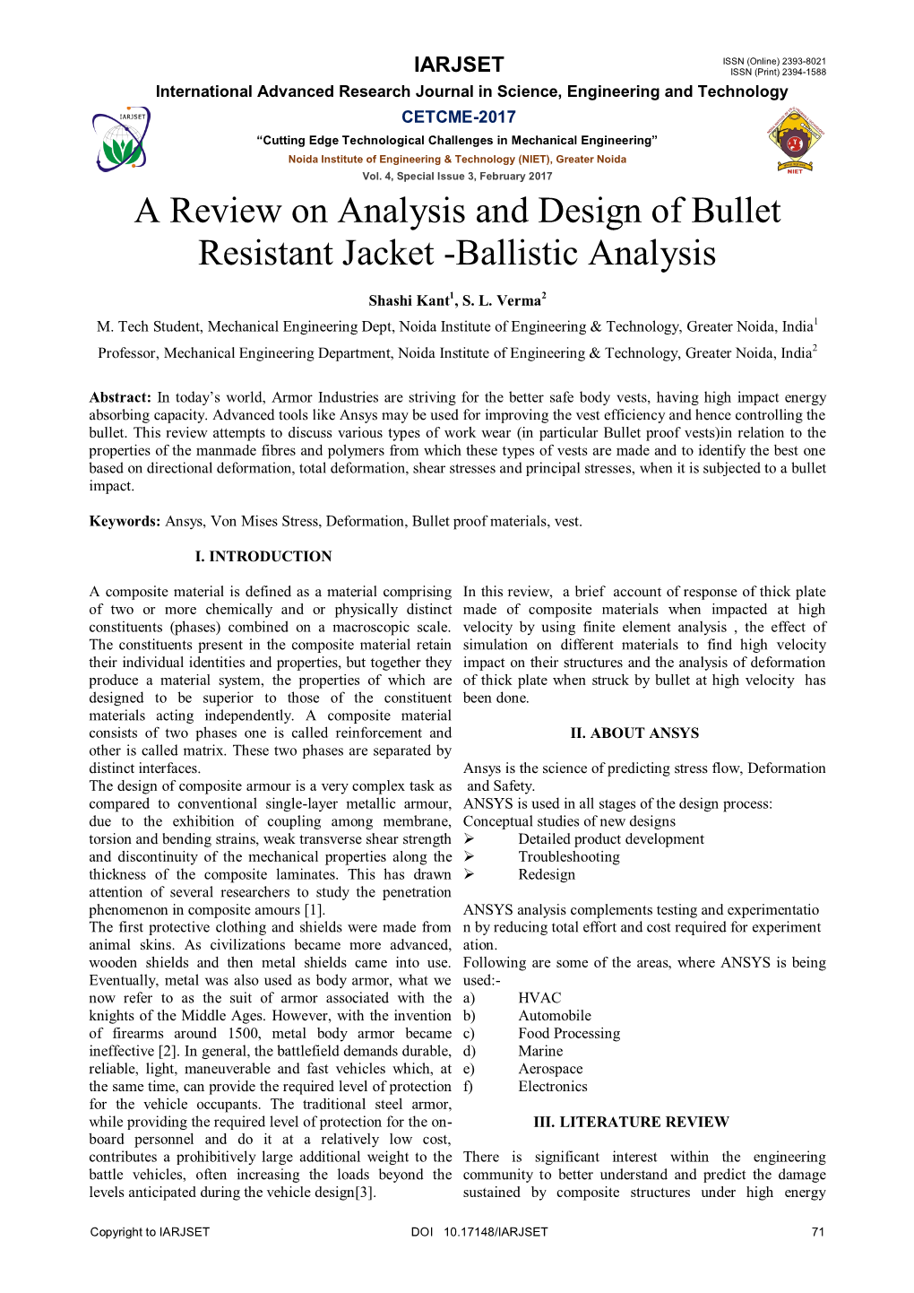 A Review on Analysis and Design of Bullet Resistant Jacket -Ballistic Analysis