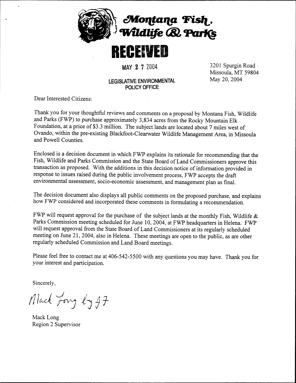 [Ll^,1 *": .[A/T 1T1,1 Mack Long Region 2 Supervisor DECISION NOTICE Blackfoot-Clearwater Wildlife Management Area May 20,2004