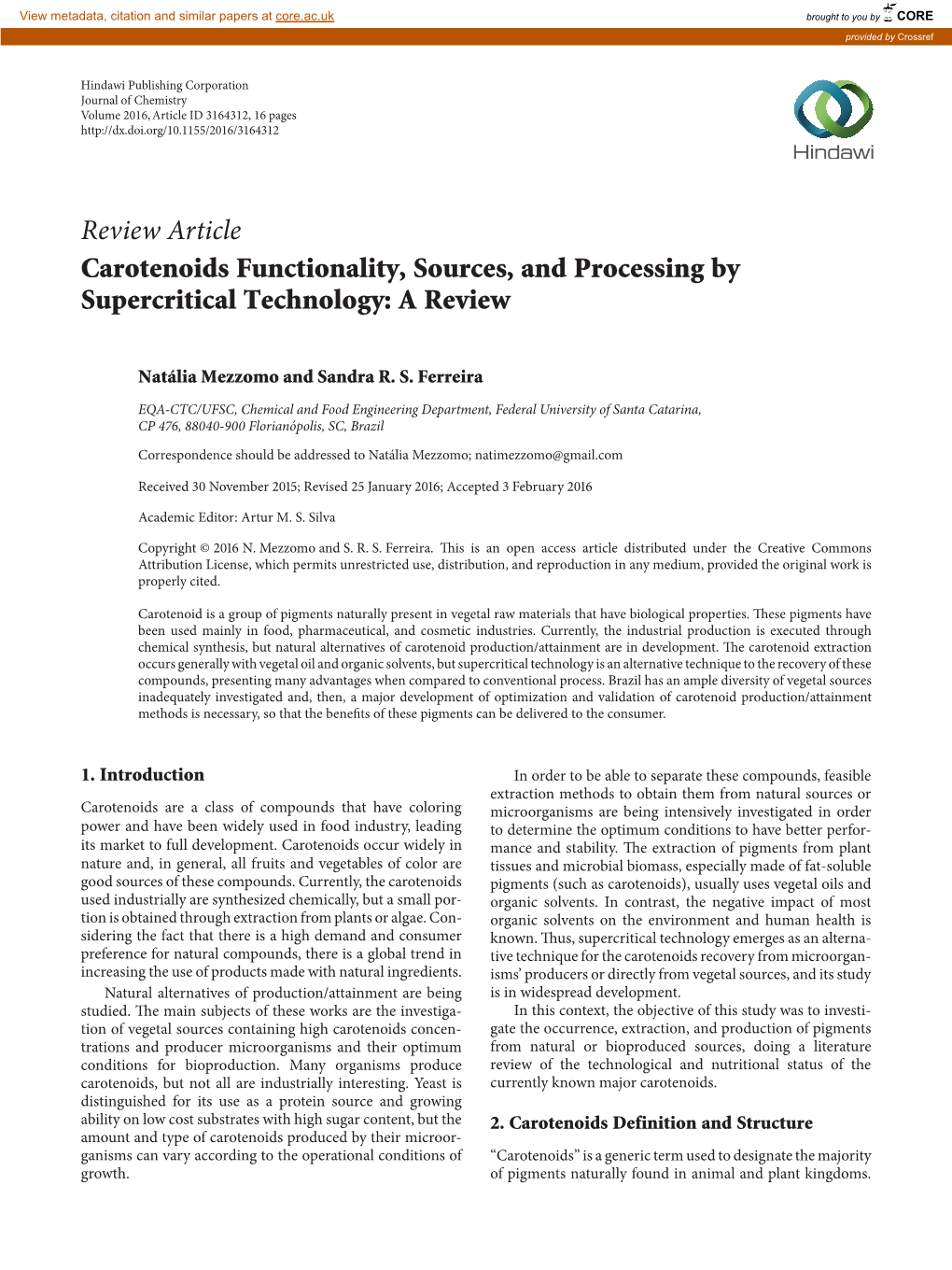 Review Article Carotenoids Functionality, Sources, and Processing by Supercritical Technology: a Review