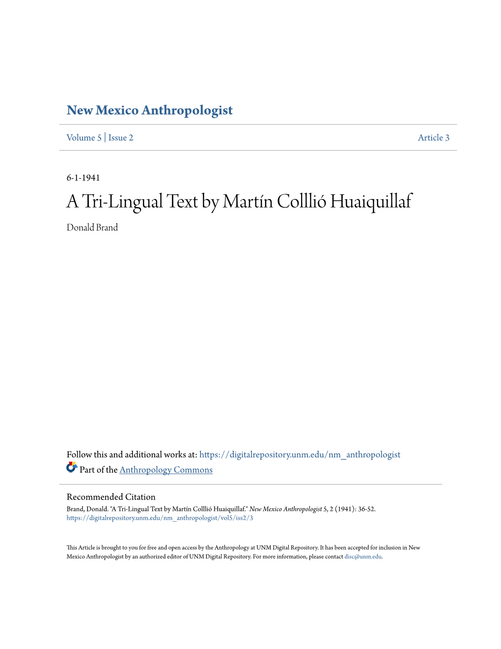 A Tri-Lingual Text by Martín Colllió Huaiquillaf Donald Brand