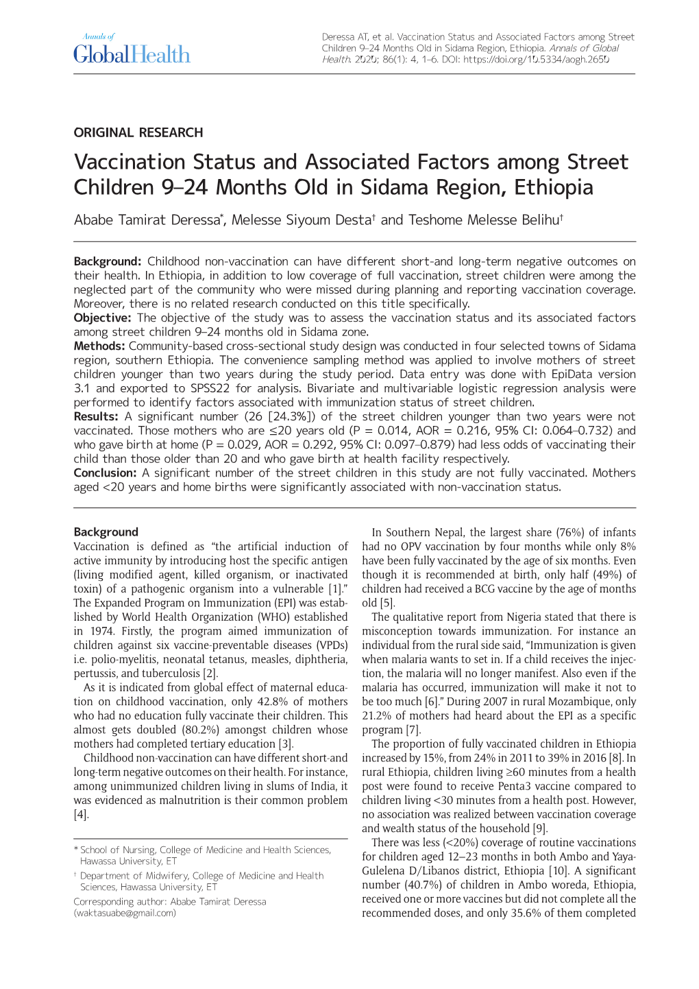 Vaccination Status and Associated Factors Among Street Children 9–24 Months Old in Sidama Region, Ethiopia