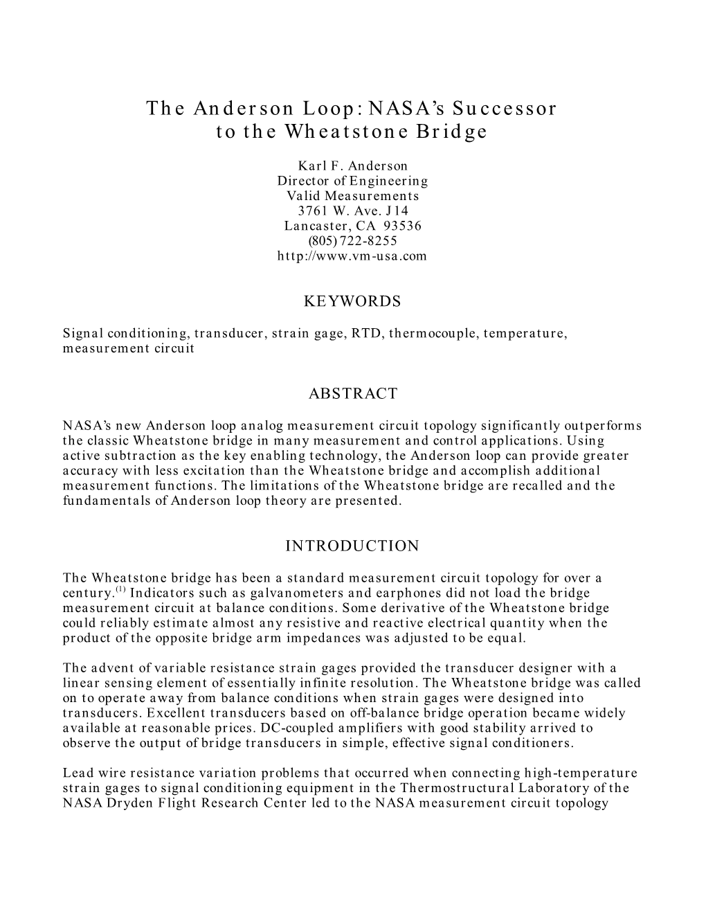 The Anderson Loop: NASA's Successor to the Wheatstone Bridge