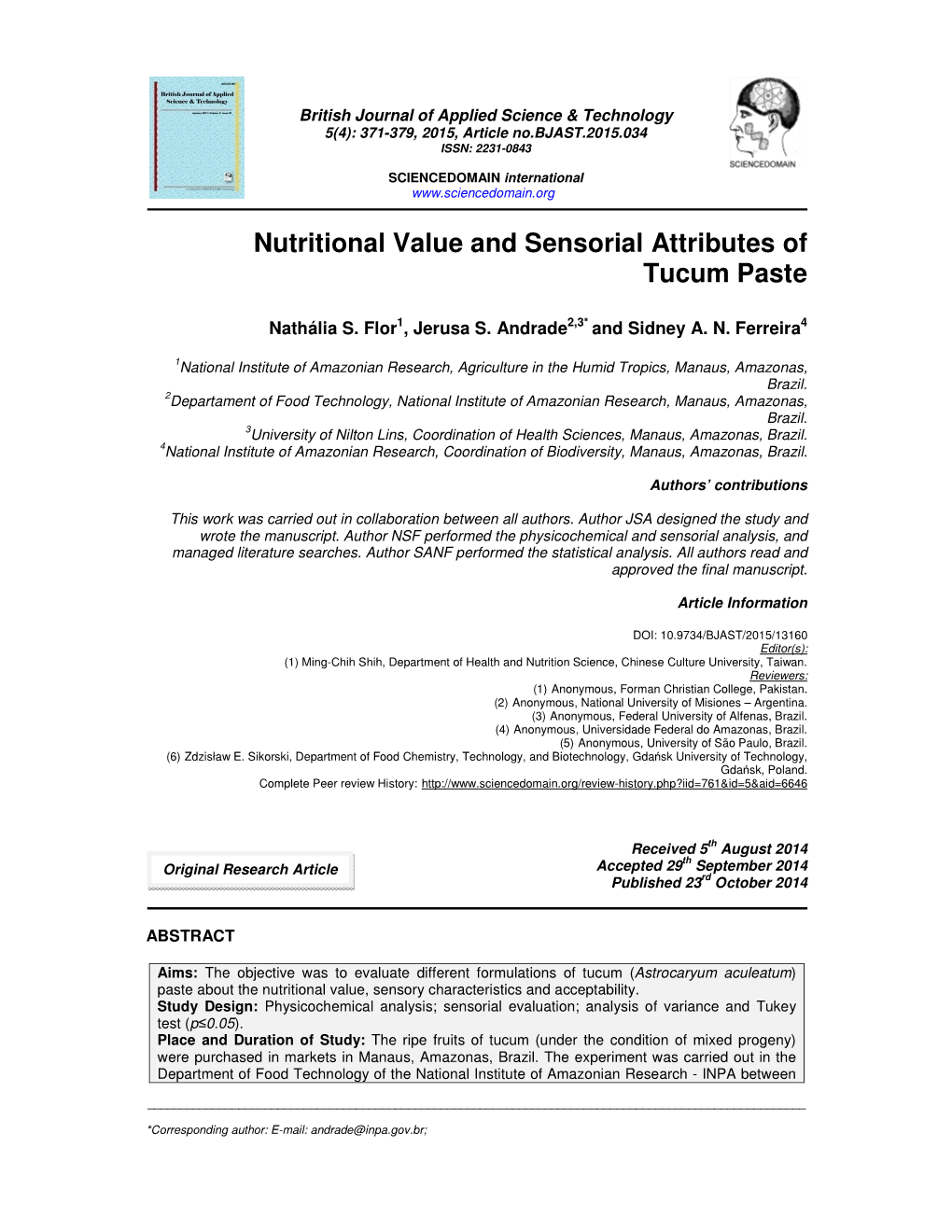 Nutritional Value and Sensorial Attributes of Tucum Paste