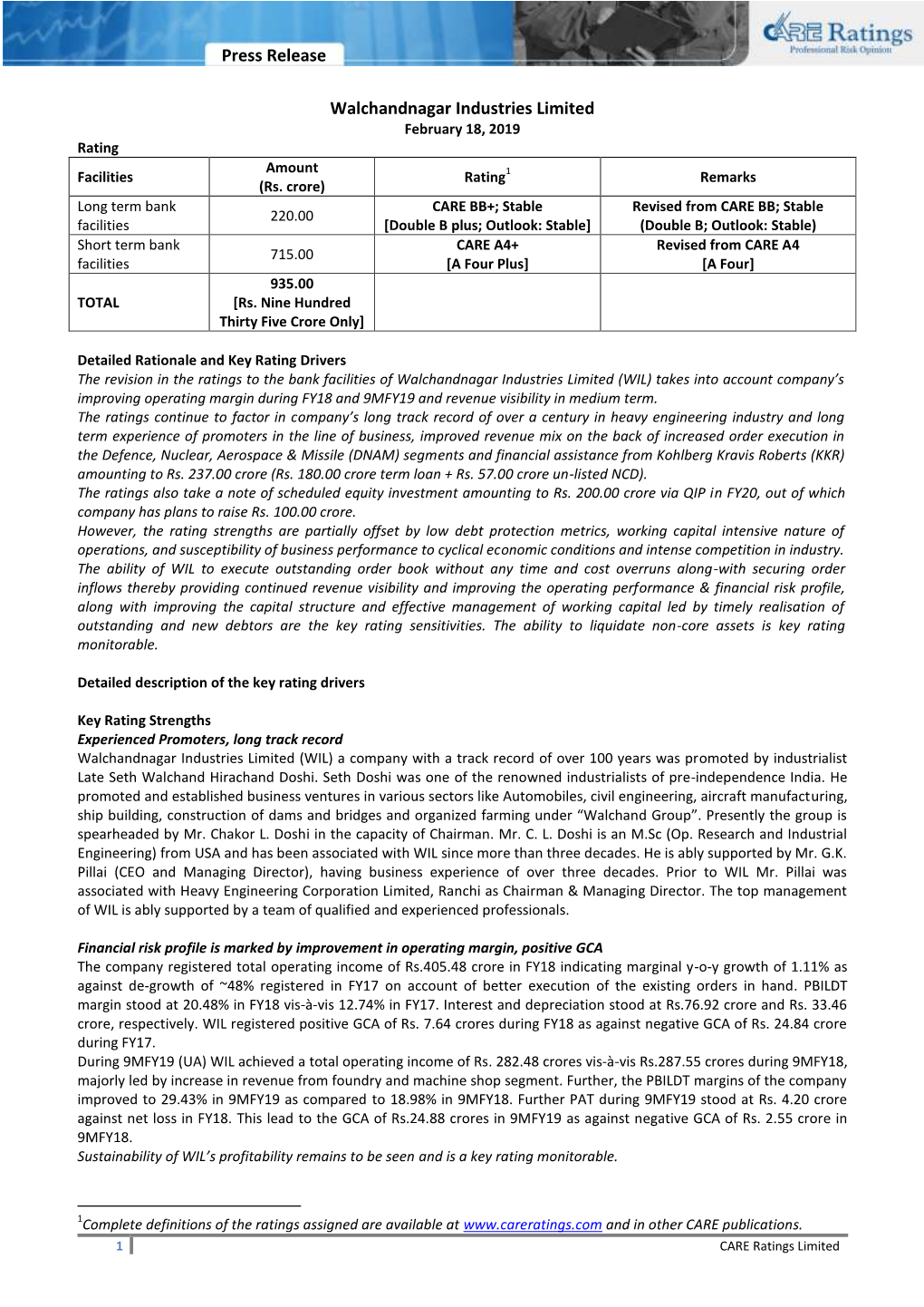 Press Release Walchandnagar Industries Limited