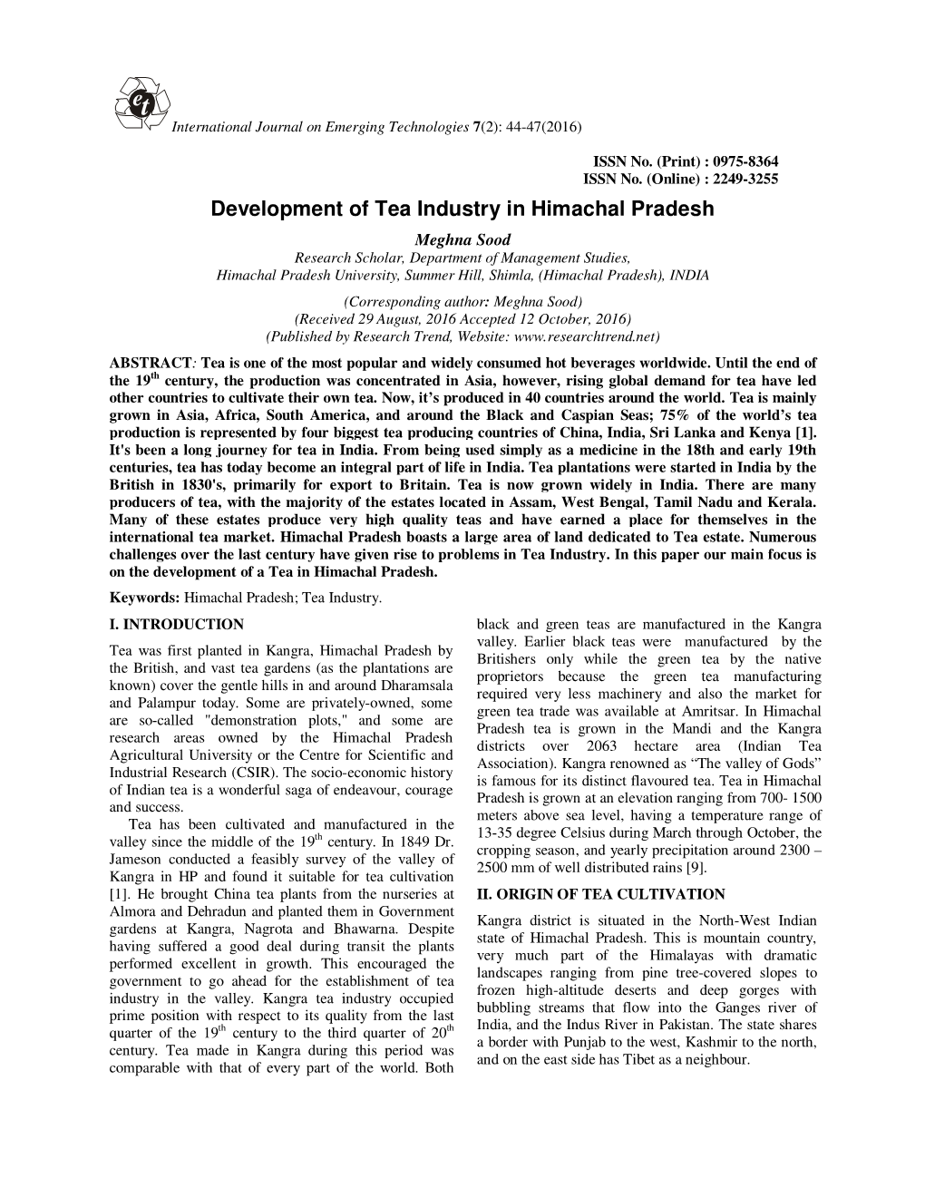 Development of Tea Industry in Himachal Pradesh