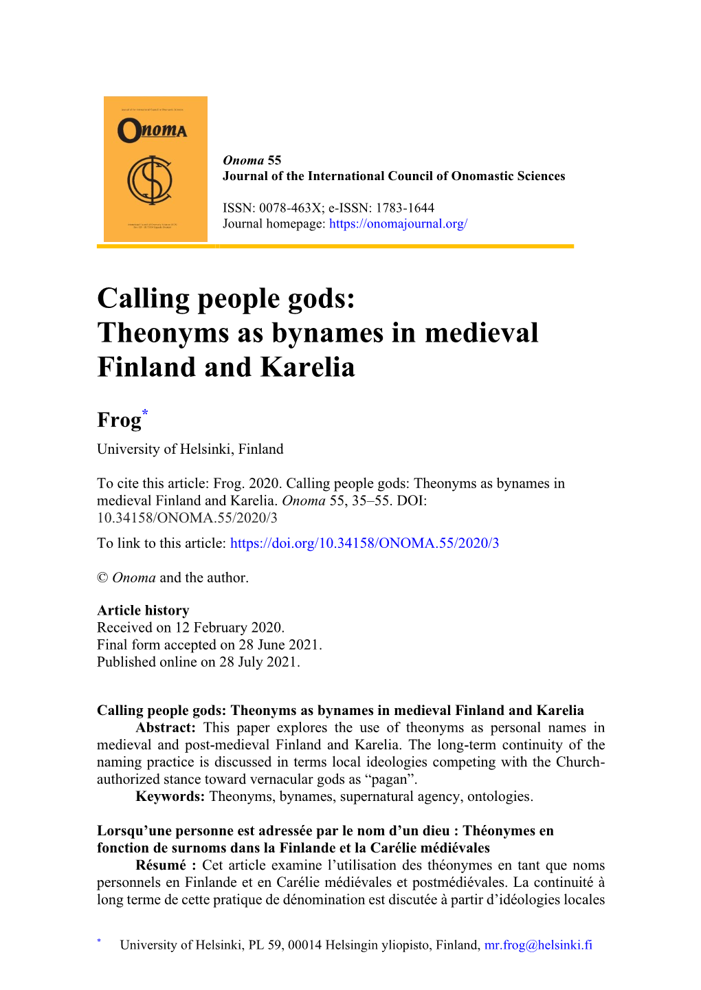 Calling People Gods: Theonyms As Bynames in Medieval Finland and Karelia