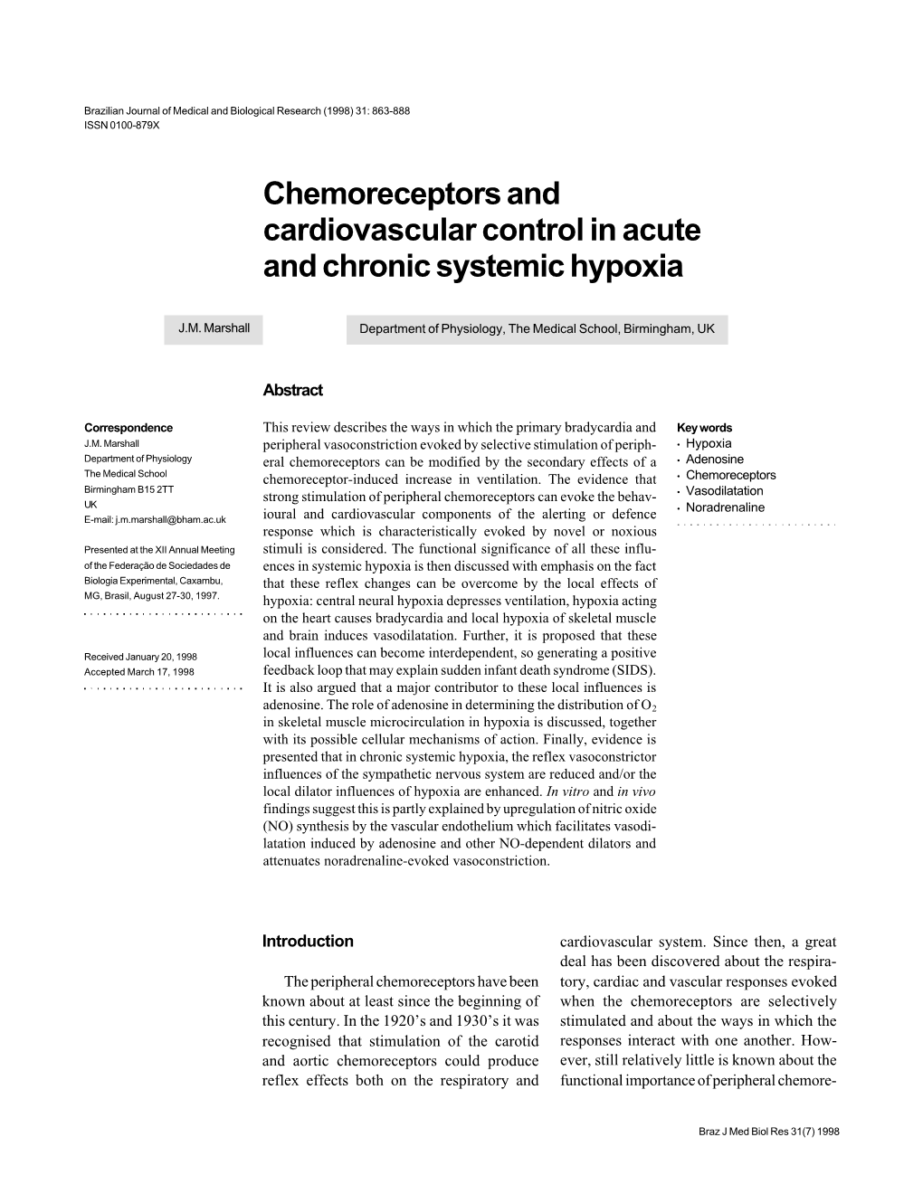 Chemoreceptors and Cardiovascular Control in Acute and Chronic Systemic Hypoxia