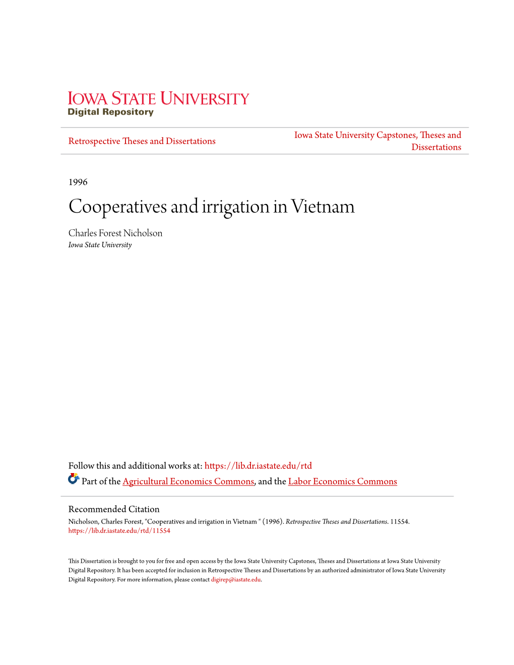 Cooperatives and Irrigation in Vietnam Charles Forest Nicholson Iowa State University