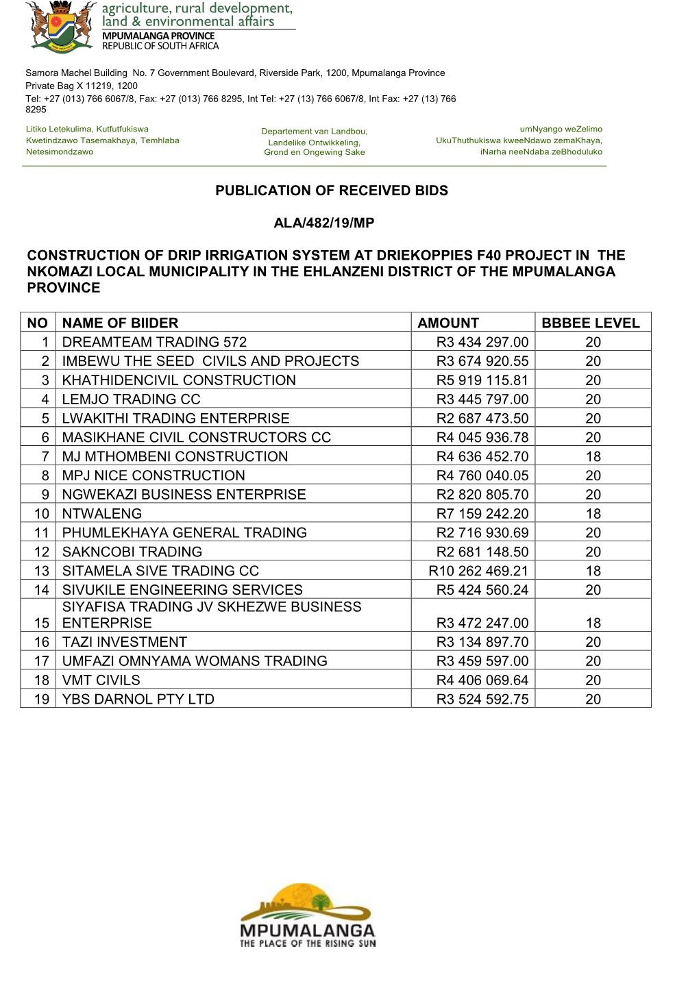 Publication of Received Bids