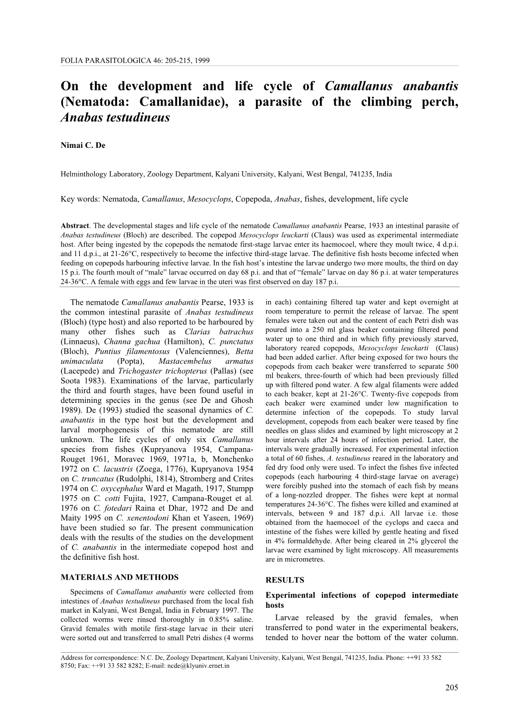 On the Development and Life Cycle of Camallanus Anabantis (Nematoda: Camallanidae), a Parasite of the Climbing Perch, Anabas Testudineus