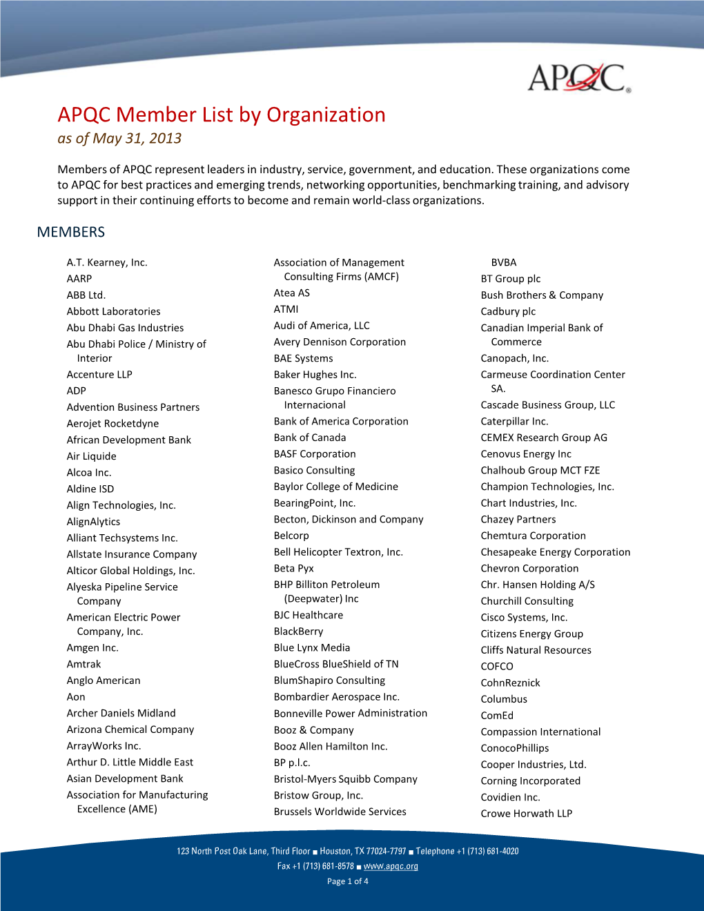 APQC Member List by Organization As of May 31, 2013