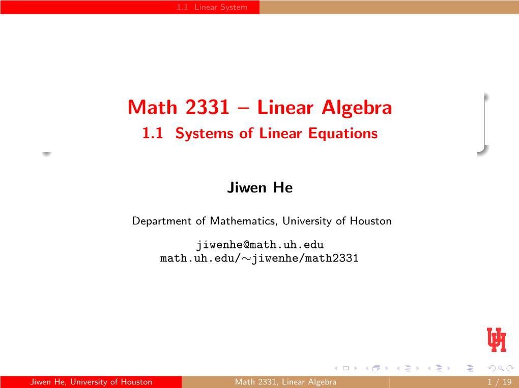 Linear Algebra 1.1 Systems of Linear Equations