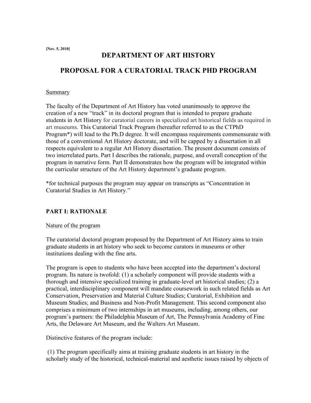 Department of Art History Proposal for a Curatorial Track Phd Program