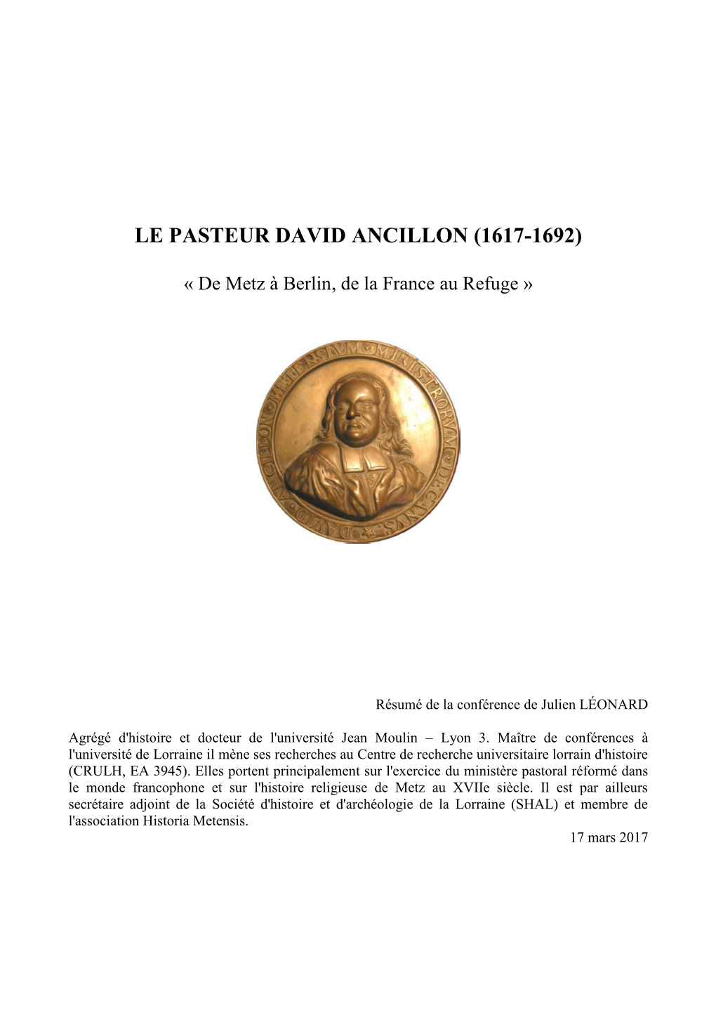 Le Pasteur David Ancillon (1617-1692)