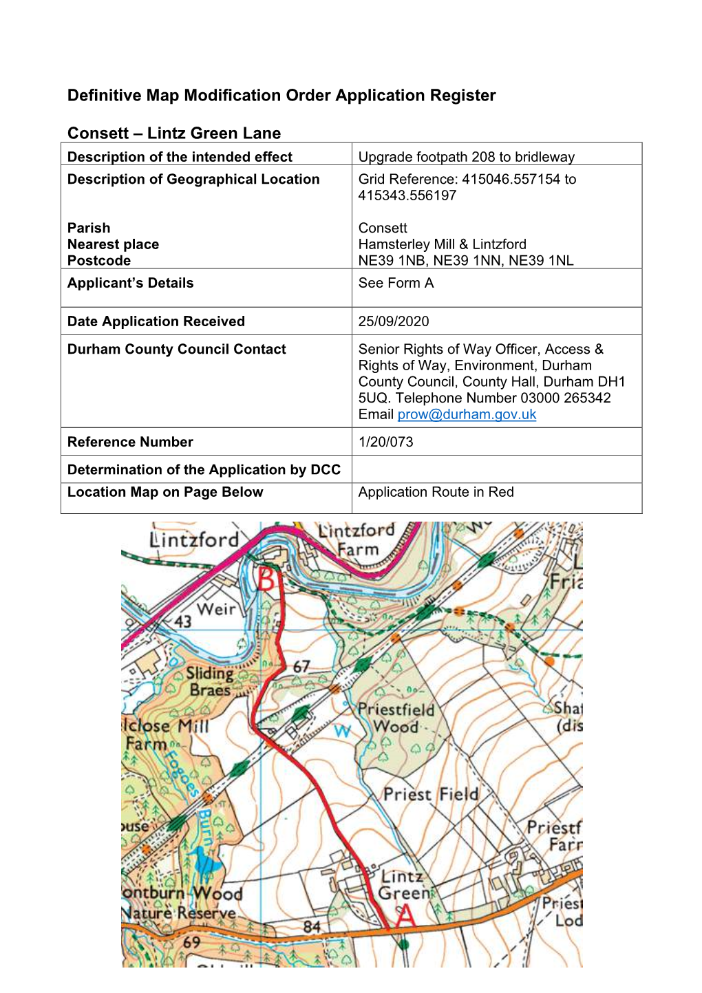 Definitive Map Modification Order Application Register Consett – Lintz Green Lane
