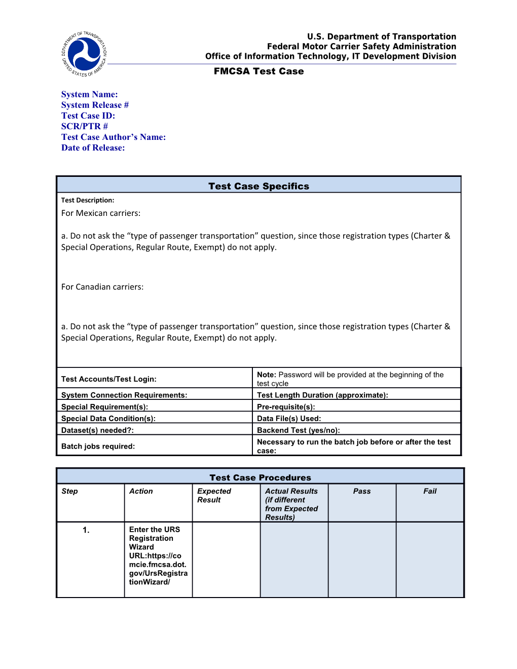 Test Case Template For FMCSA V1.1