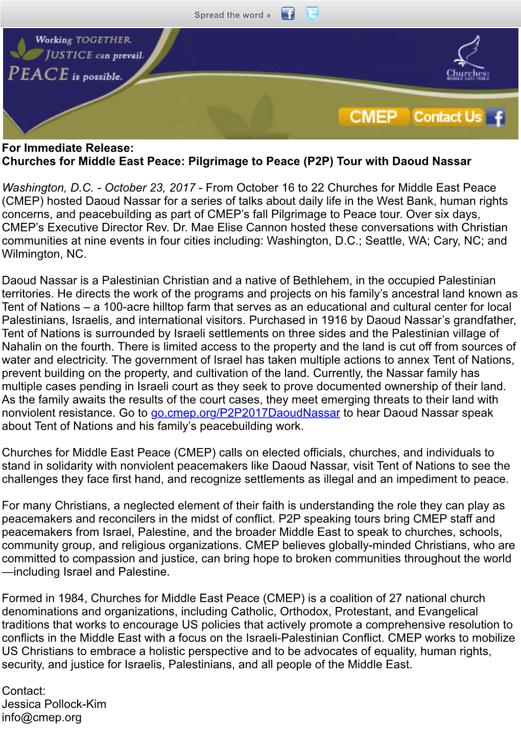 For Immediate Release: Churches for Middle East Peace: Pilgrimage to Peace (P2P) Tour with Daoud Nassar Washington, D.C