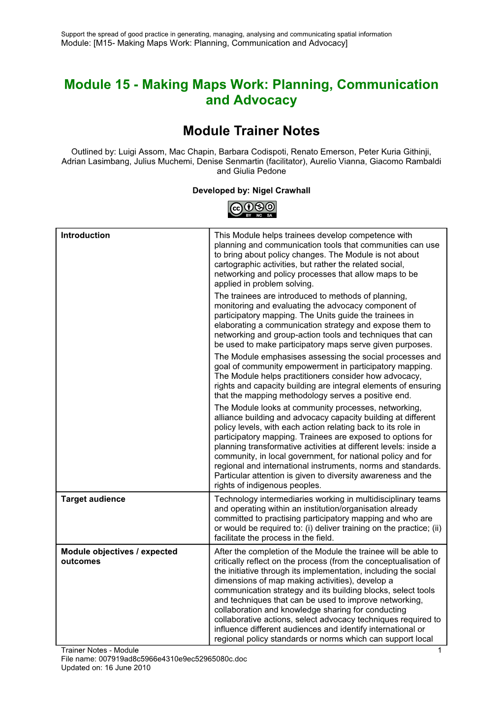 Module Trainer Notes - Making Maps Work: Planning, Communication and Advocacy