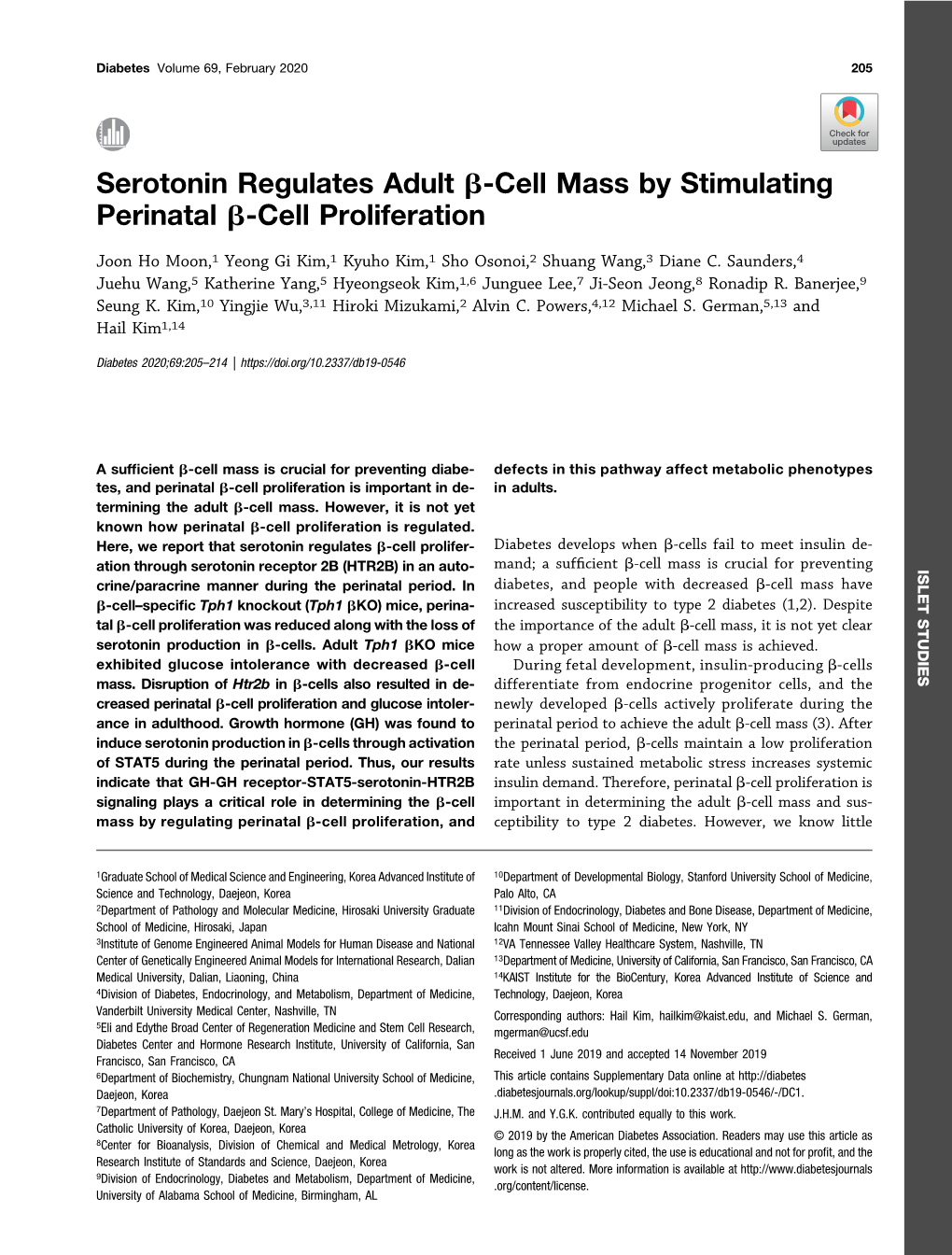 Serotonin Regulates Adult Β-Cell Mass by Stimulating Perinatal Β