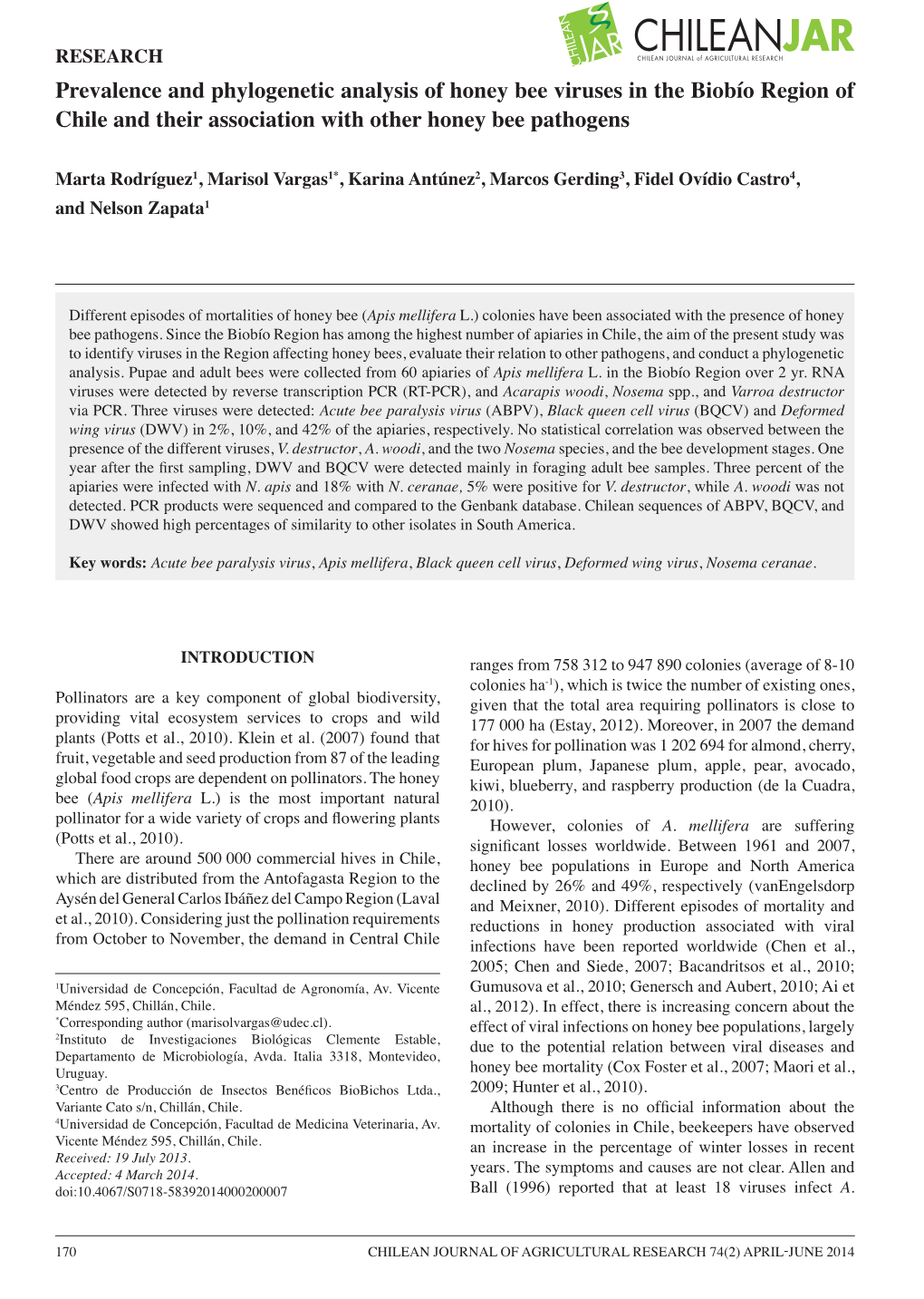 Prevalence and Phylogenetic Analysis of Honey Bee Viruses in the Biobío Region of Chile and Their Association with Other Honey Bee Pathogens