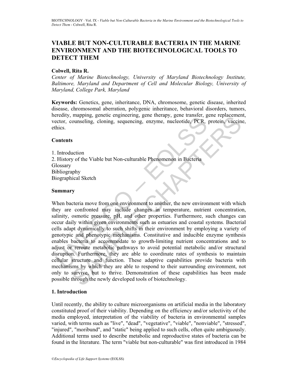 Viable but Non-Culturable Bacteria in the Marine Environment and the Biotechnological Tools to Detect Them - Colwell, Rita R