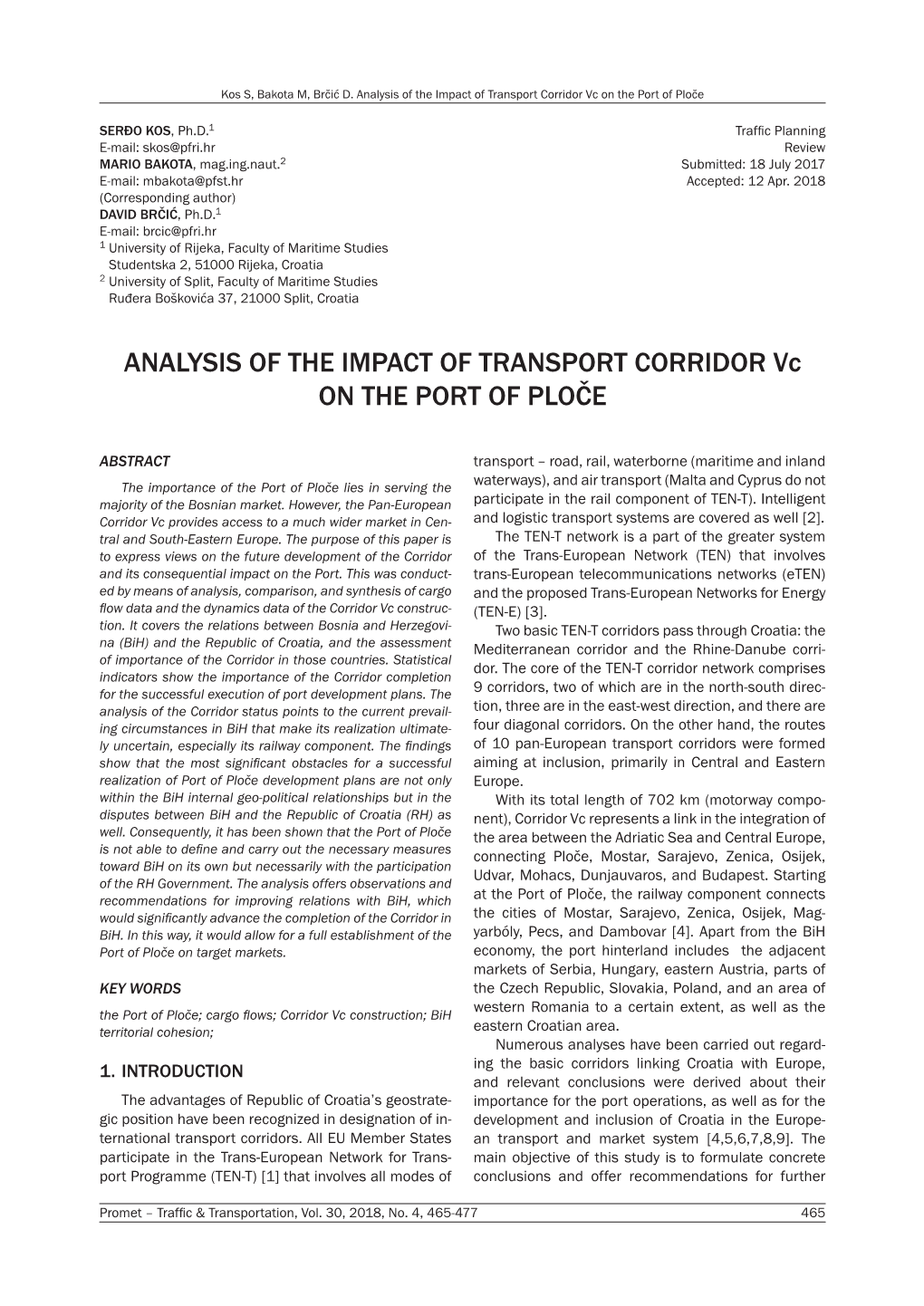 Analysis of the Impact of Transport Corridor Vc on the Port of Ploče