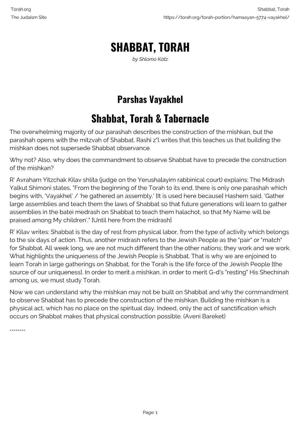 Shabbat, Torah the Judaism Site