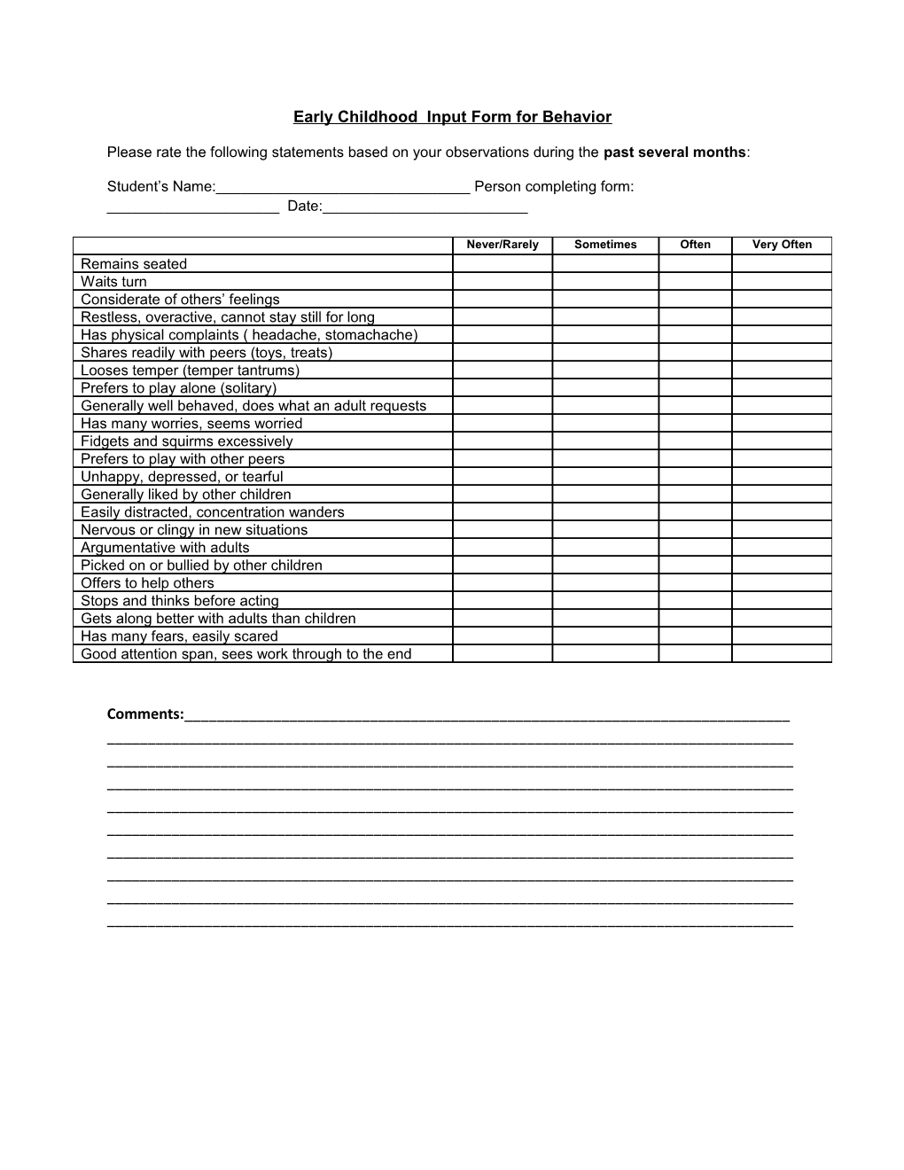 Early Childhood Input Form for Behavior