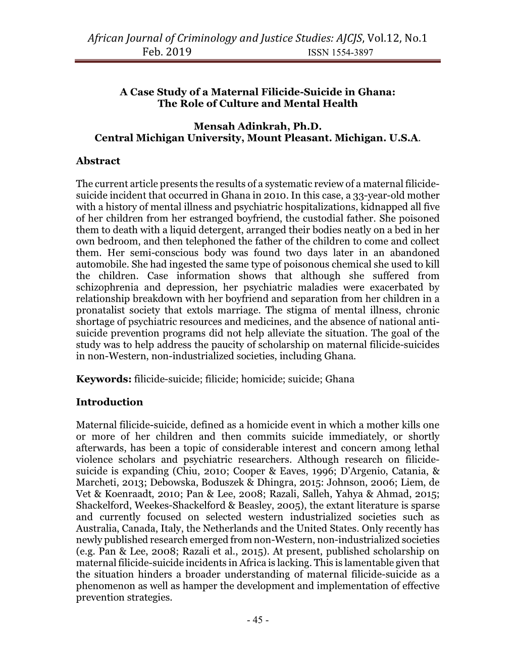 A Case Study of a Maternal Filicide-Suicide in Ghana: the Role of Culture and Mental Health