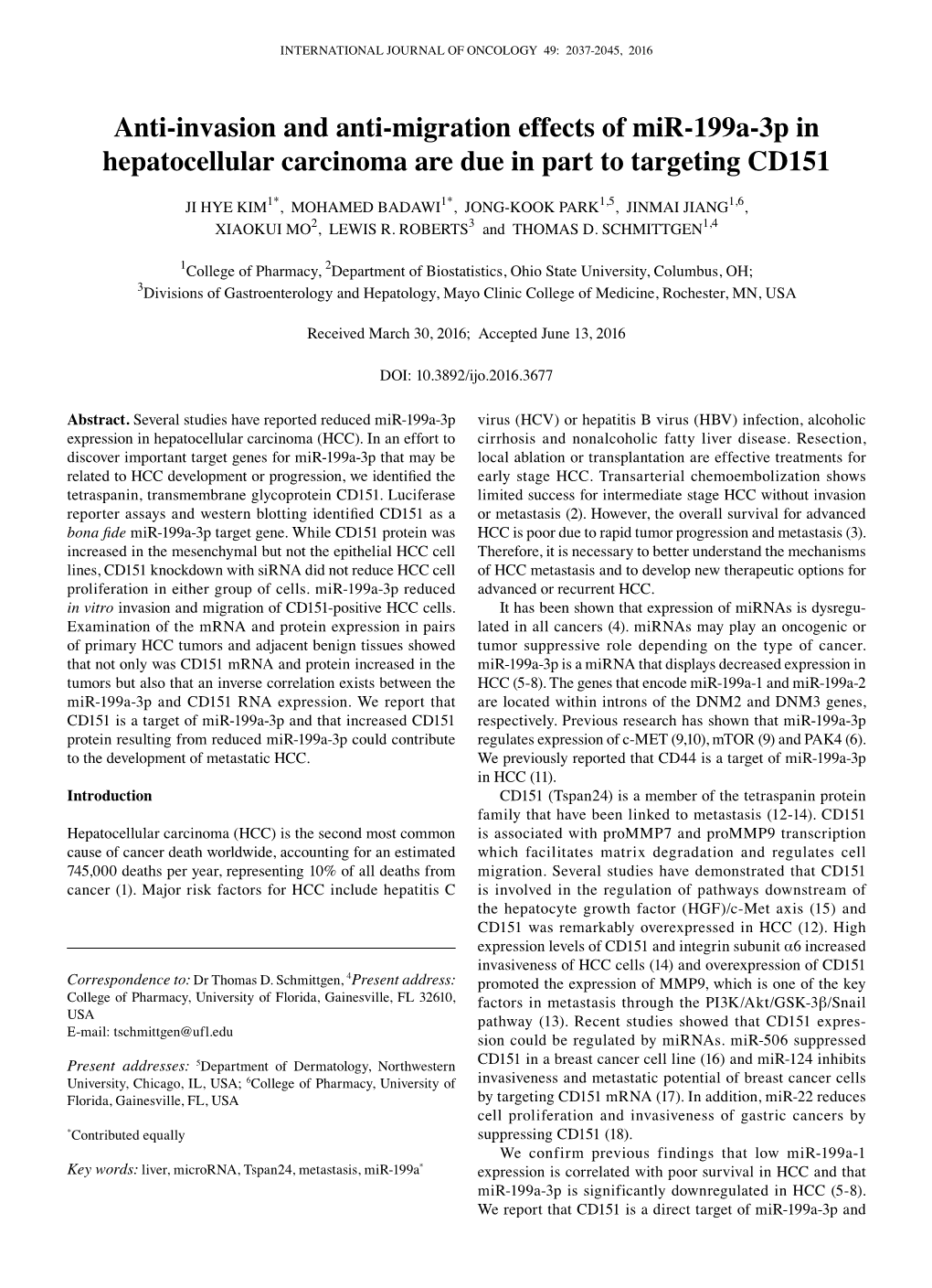 Downloaded Through the TCGA Direct Target of Mir-199A-3P and That the Mir-199A-3P Binding Data Portal