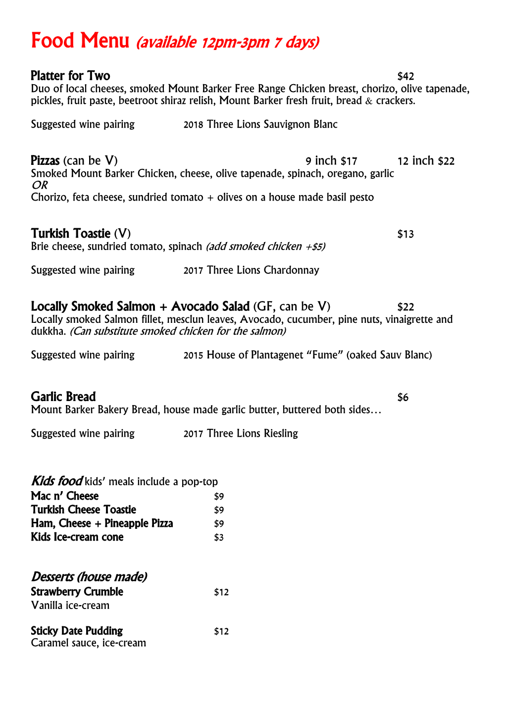 Food Menu (Available 12Pm-3Pm 7 Days)