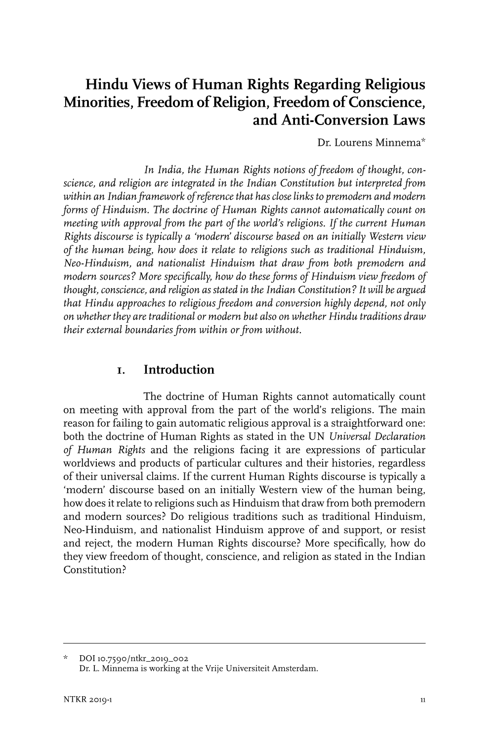 Hindu Views of Human Rights Regarding Religious Minorities, Freedom of Religion, Freedom of Conscience, and Anti-Conversion Laws Dr