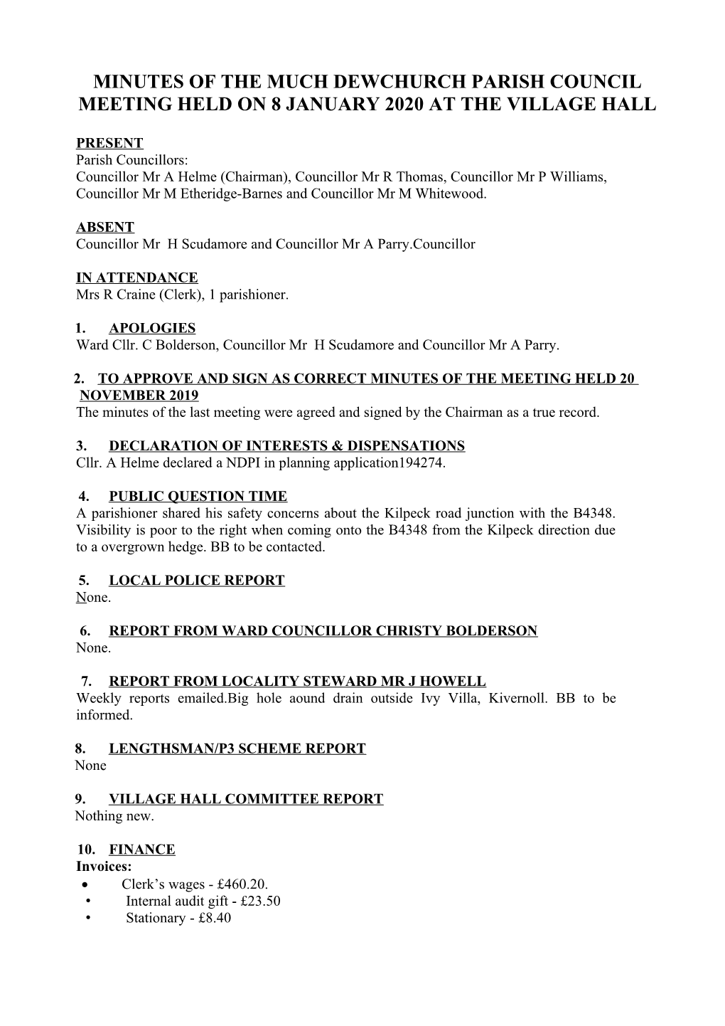 Minutes of the Much Dewchurch Parish Council Meeting Held on 8 January 2020 at the Village Hall