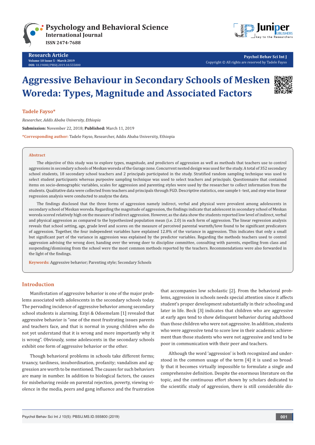 Aggressive Behaviour in Secondary Schools of Mesken Woreda: Types, Magnitude and Associated Factors