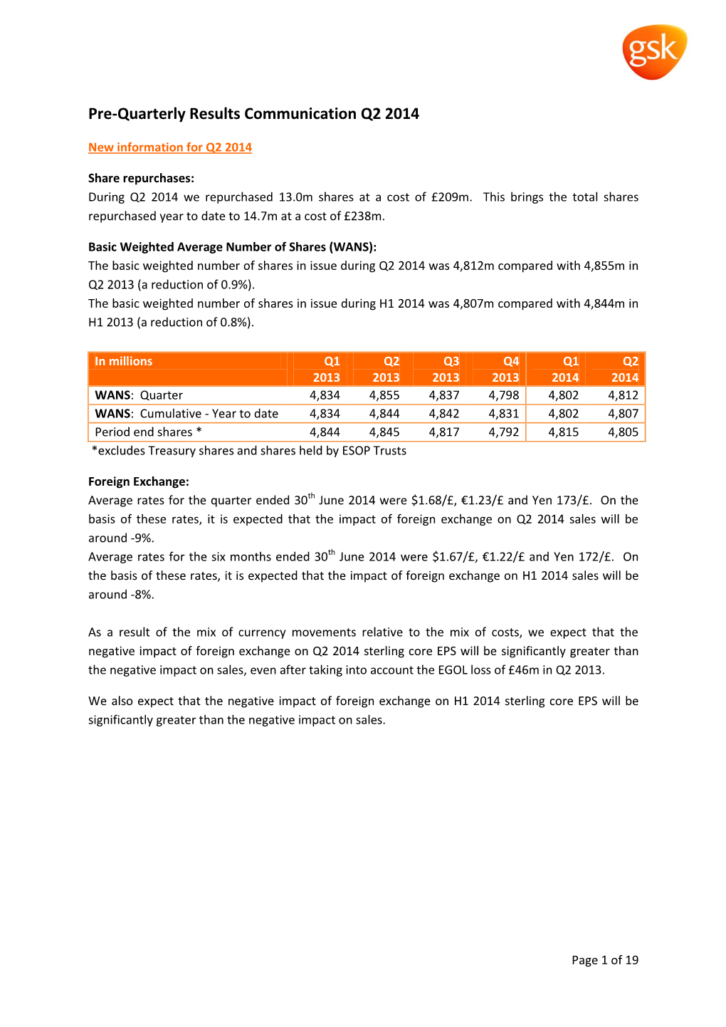 Pre-Quarterly Results External Communication