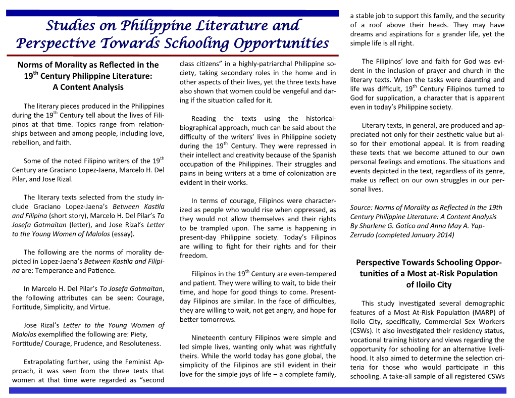 Studies on Philippine Literature and Perspective Towards Schooling