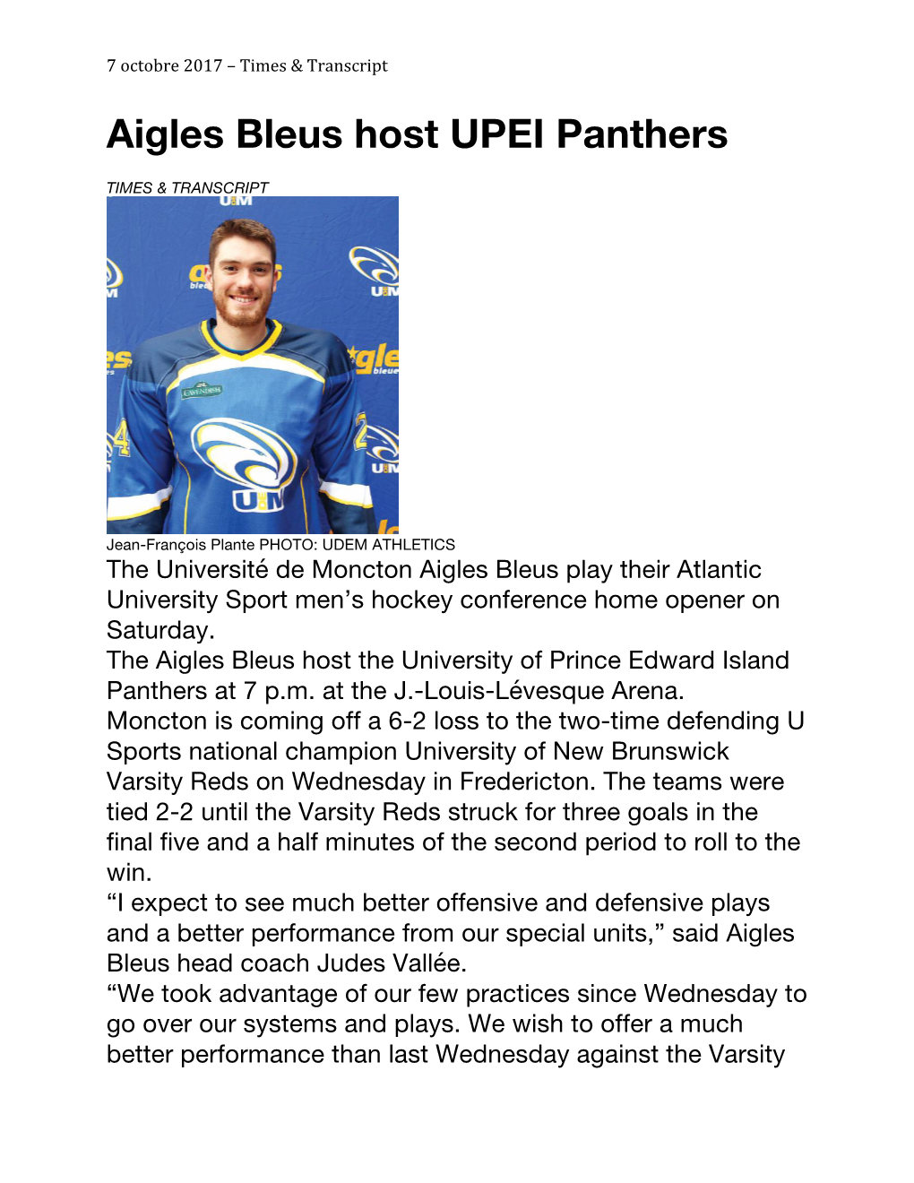 Aigles Bleus Host UPEI Panthers