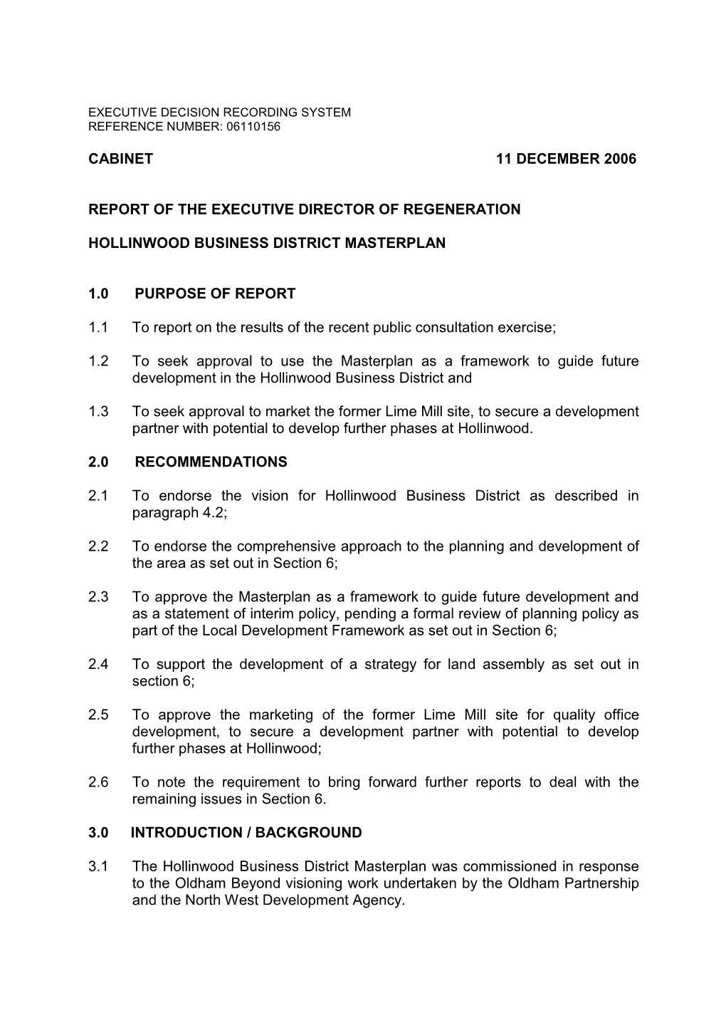 Cabinet 11 December 2006 Report of the Executive