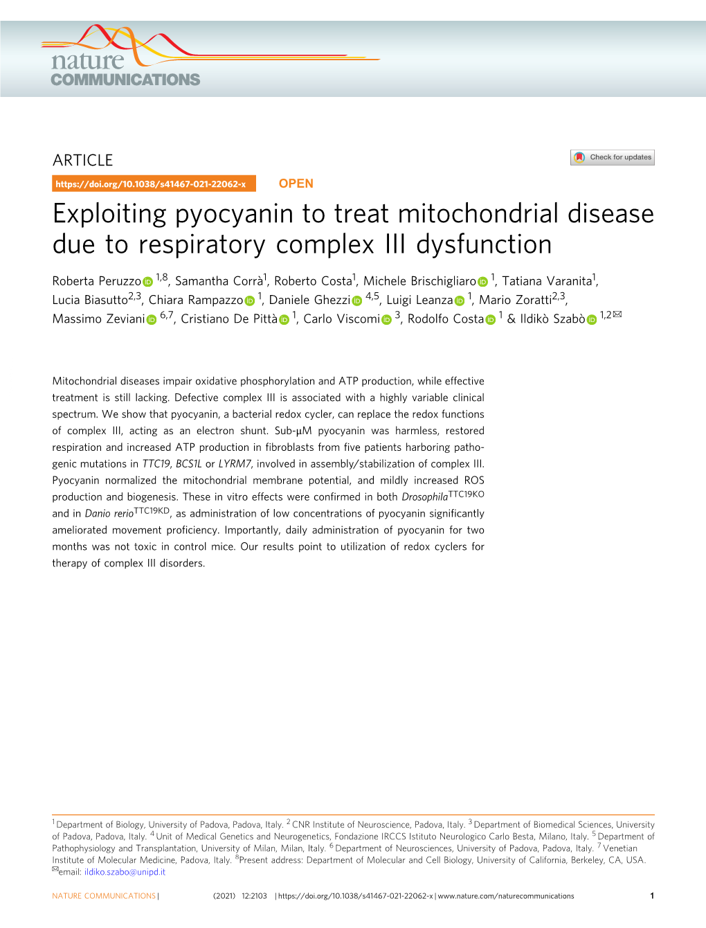 Exploiting Pyocyanin to Treat Mitochondrial Disease Due to Respiratory Complex III Dysfunction