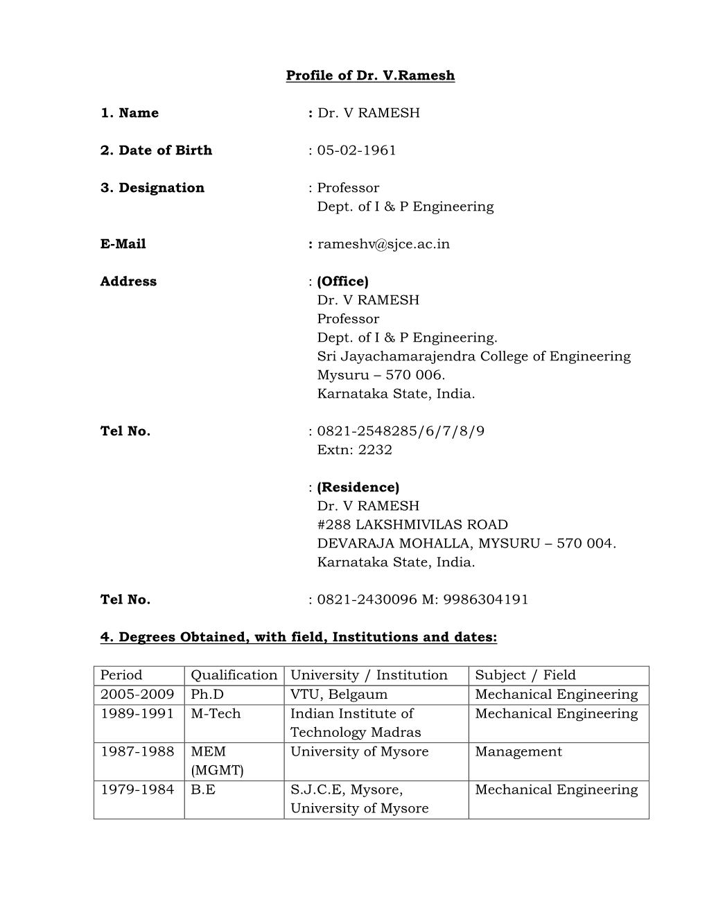 Profile of Dr. V.Ramesh 1. Name