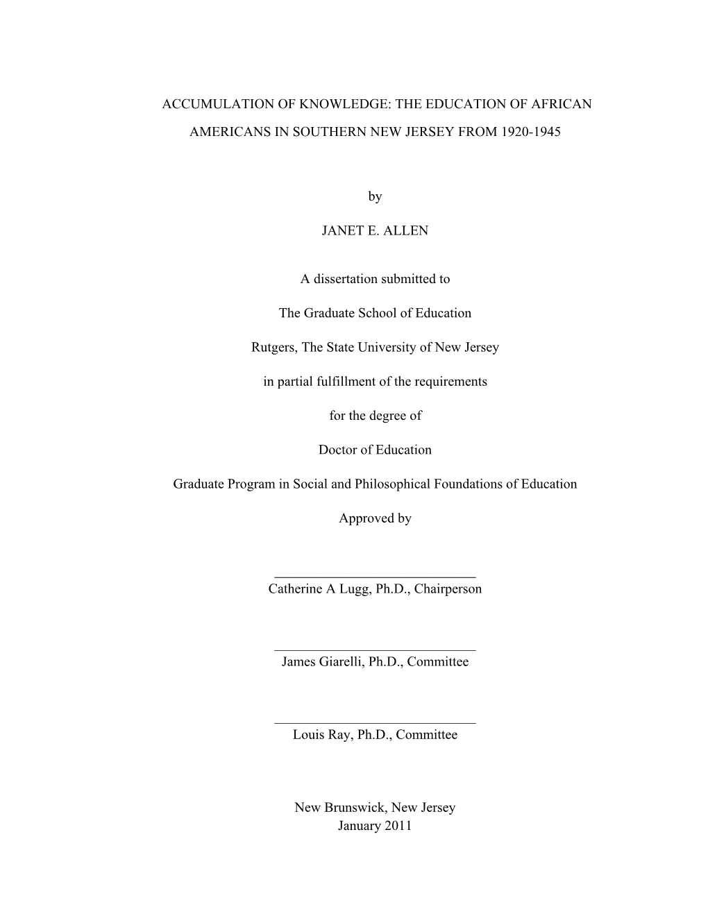 The Education of African Americans in Southern New Jersey from 1920-1945