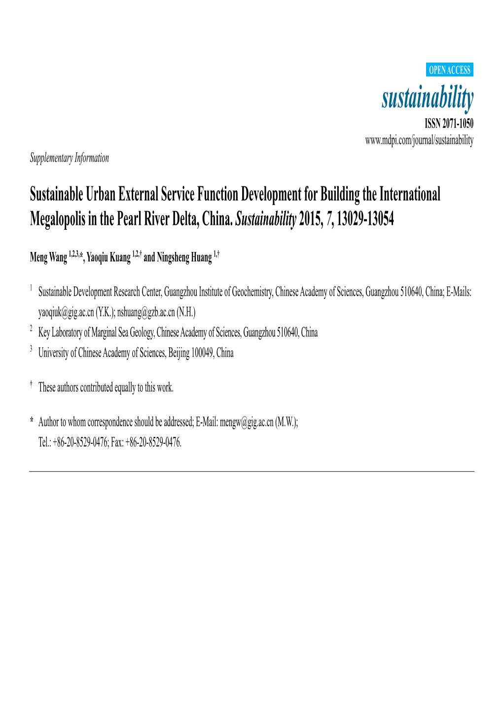 Sustainable Urban External Service Function Development for Building the International Megalopolis in the Pearl River Delta, China