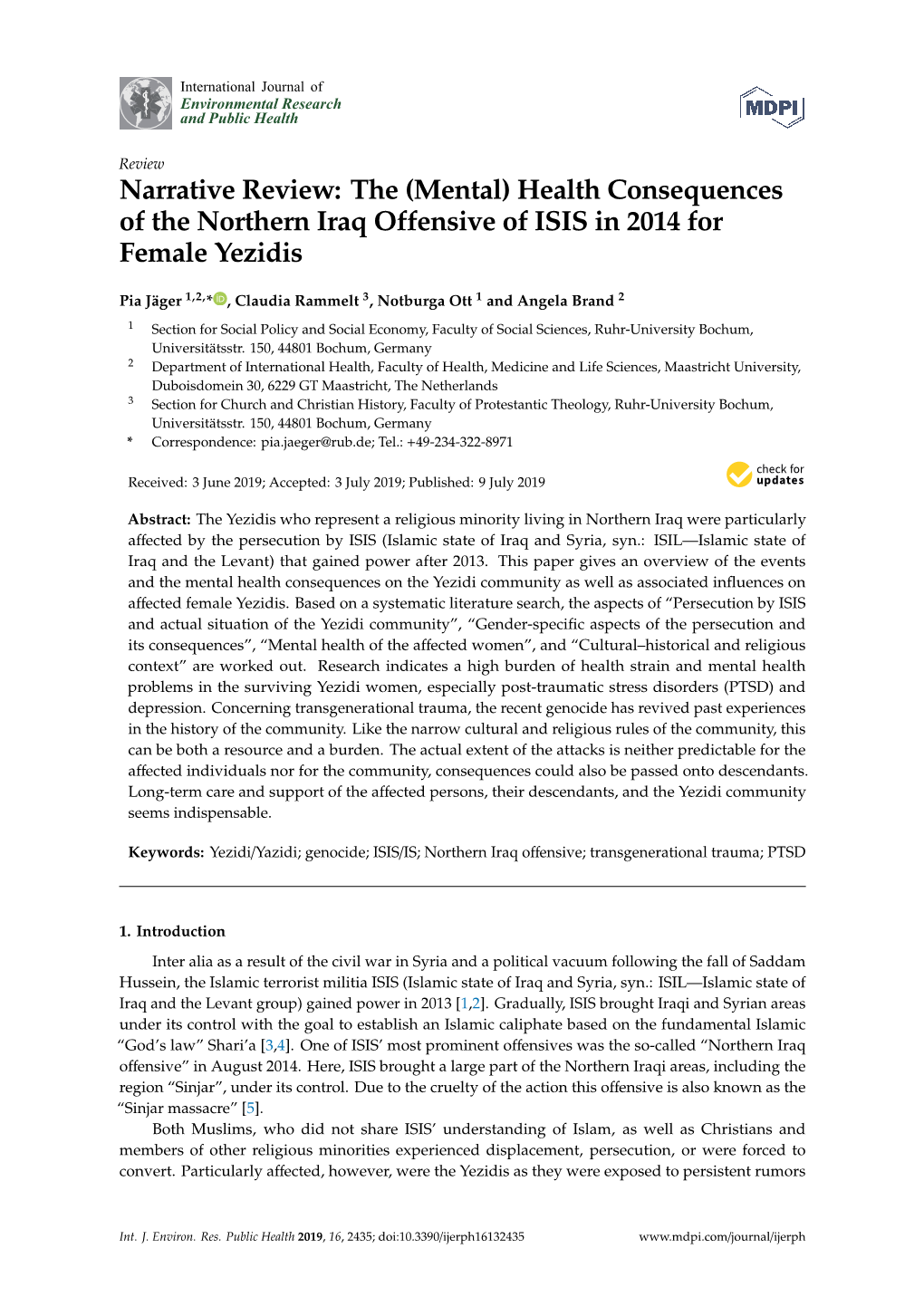 Health Consequences of the Northern Iraq Offensive of ISIS in 2014 for Female Yezidis