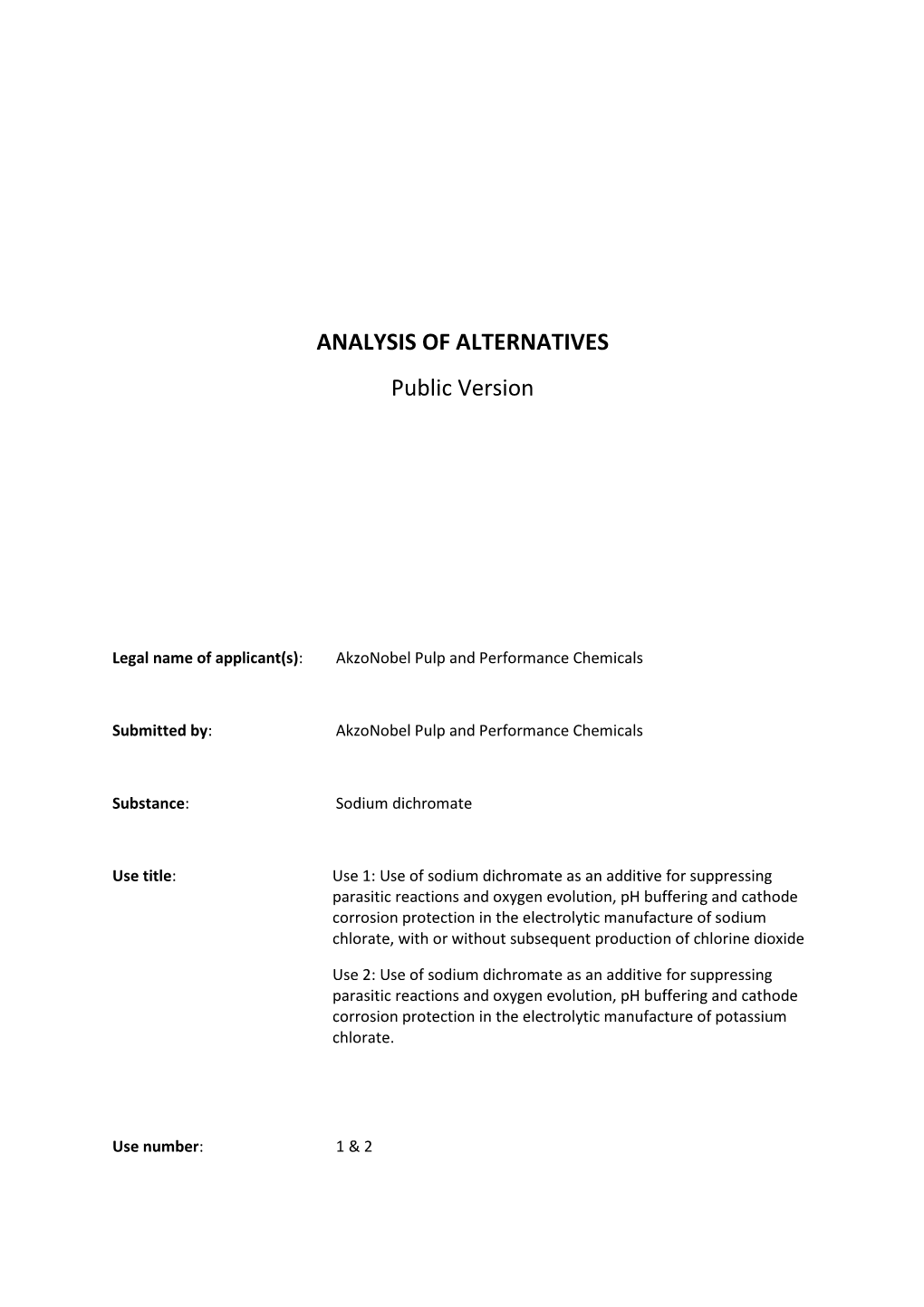 ANALYSIS of ALTERNATIVES Public Version