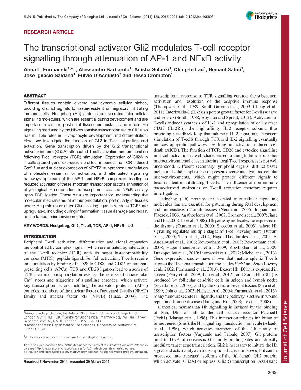 The Transcriptional Activator Gli2 Modulates T-Cell Receptor Signalling Through Attenuation of AP-1 and Nfκb Activity Anna L