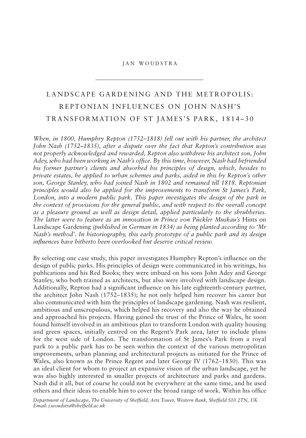 Landscape Gardening and the Metropolis: Reptonian Influences on John Nash’S Transformation of St James’S Park, 1814–30