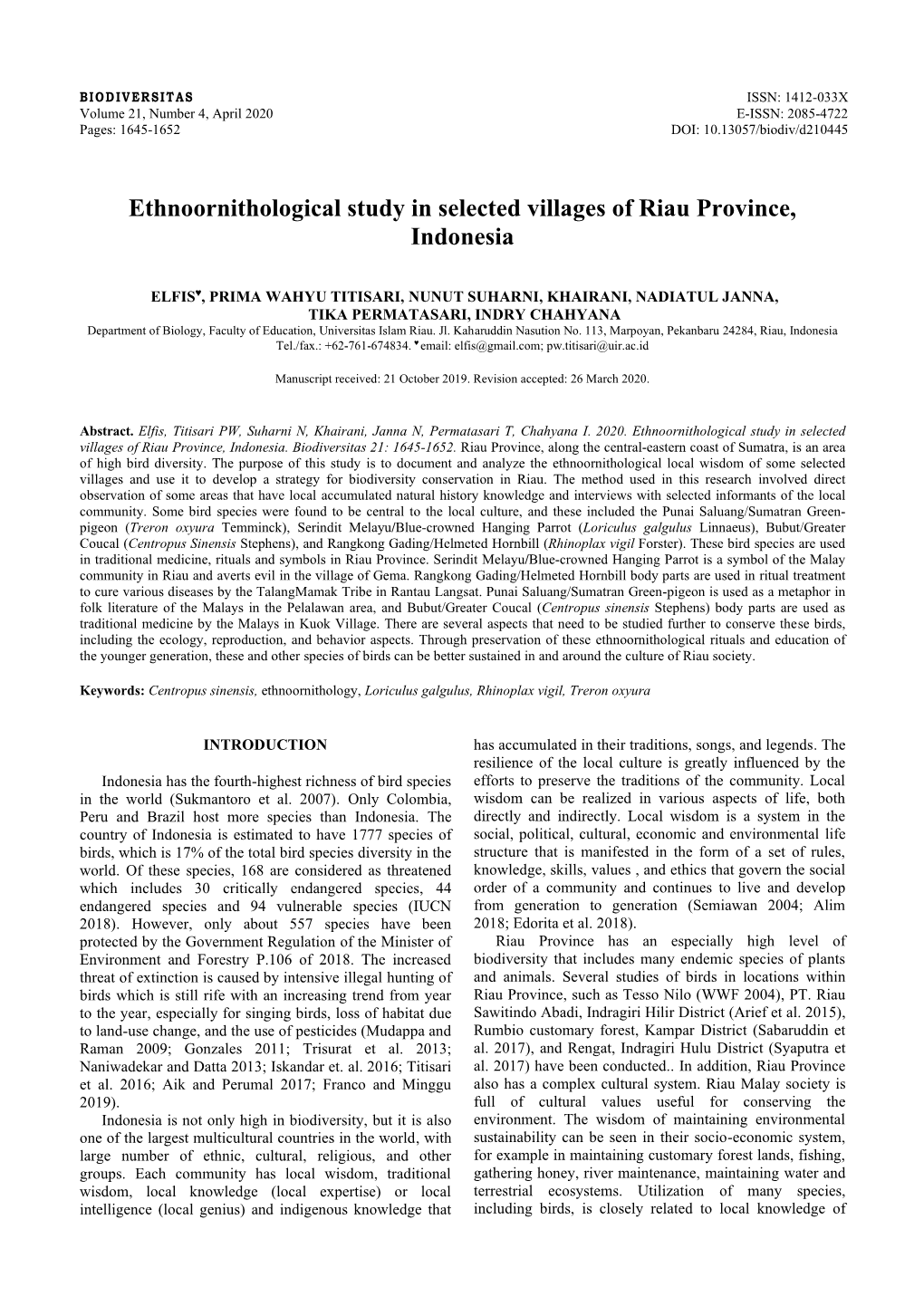 Ethnoornithological Study in Selected Villages of Riau Province, Indonesia