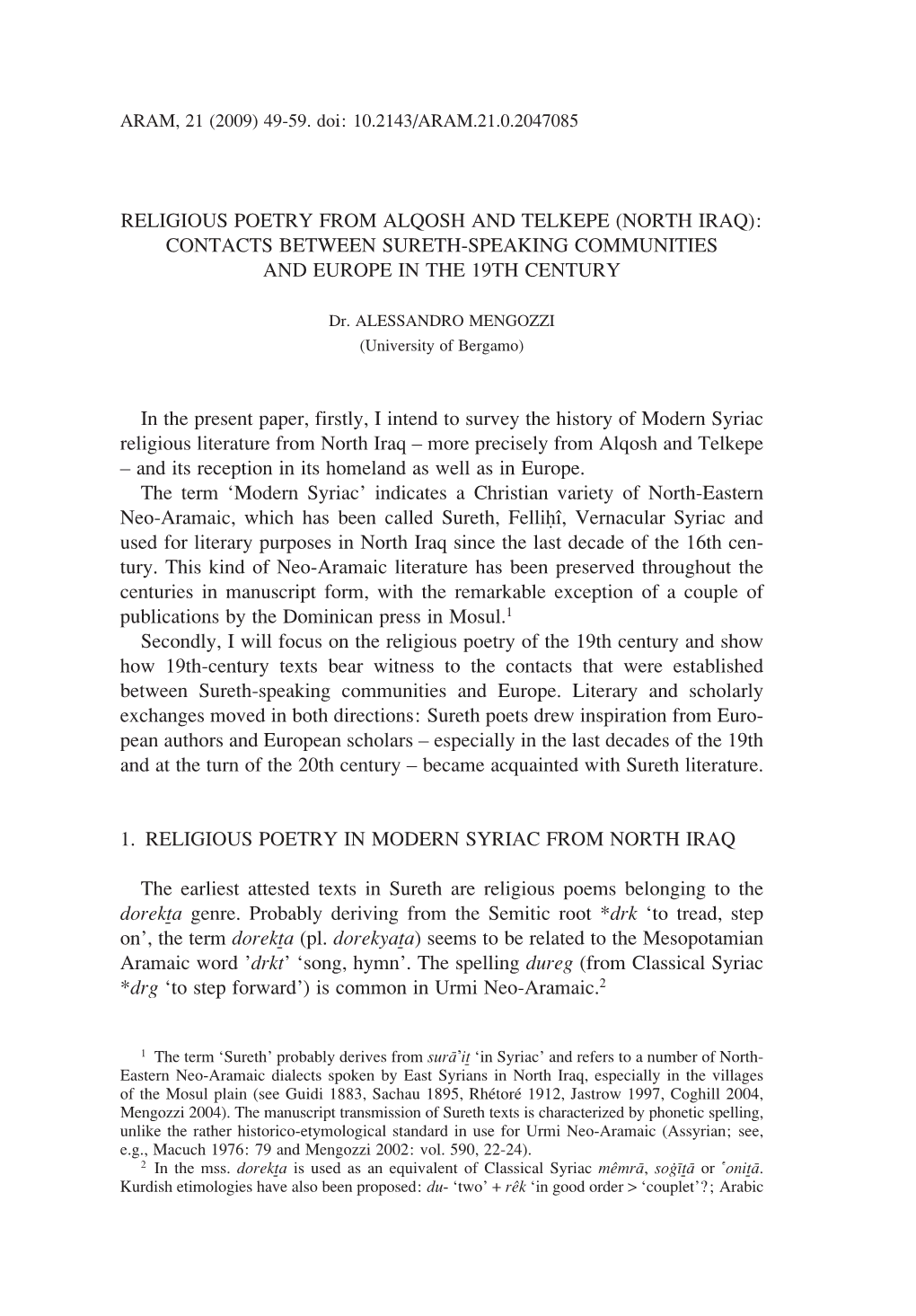 Religious Poetry from Alqosh and Telkepe (North Iraq): Contacts Between Sureth-Speaking Communities and Europe in the 19Th Century