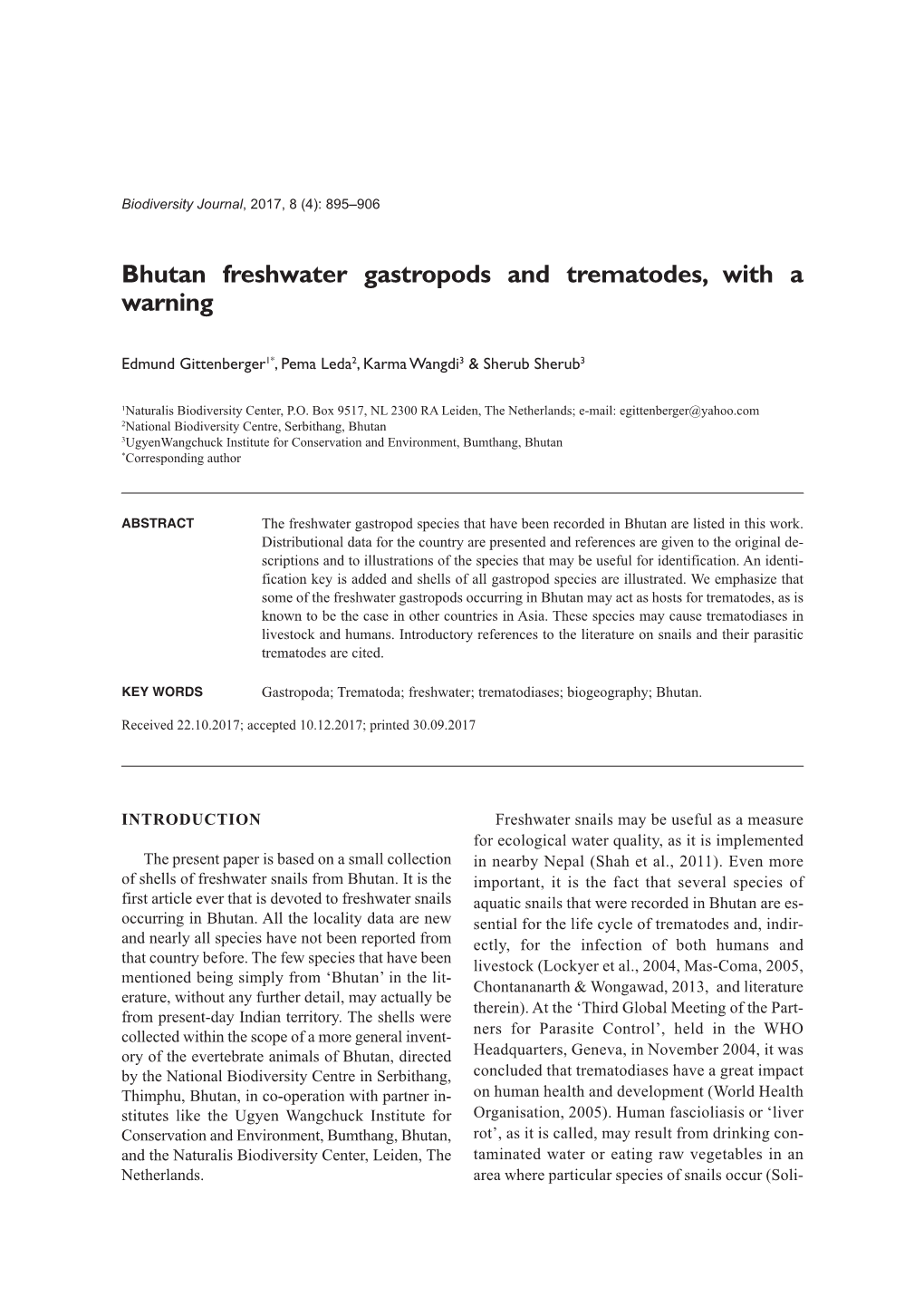 Bhutan Freshwater Gastropods and Trematodes, with a Warning