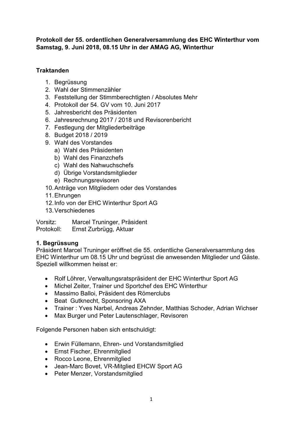 Protokoll Der 55. Ordentlichen Generalversammlung Des EHC Winterthur Vom Samstag, 9